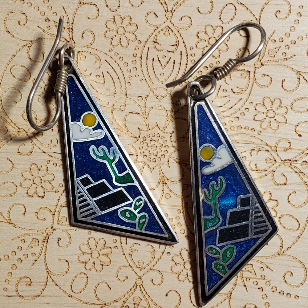 925 Sterling Colorful Scenic Inlay Dangle Earrings - Picture 1 of 5